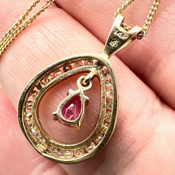 Estate Womens Necklace 14K Yellow Gold Ruby Diamond Pendant 18 Inch - Picture 5 of 6